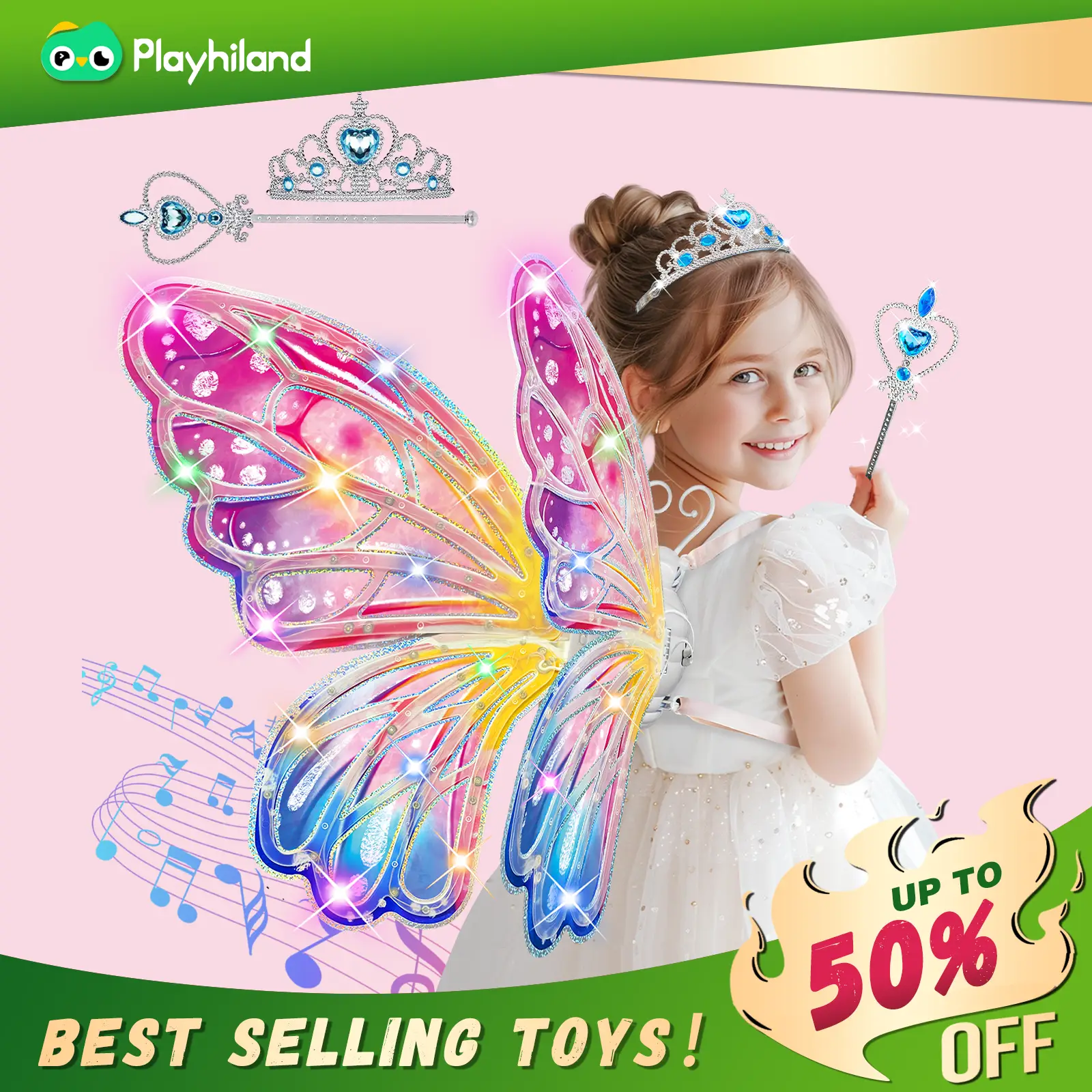 Light Up Fairy Wings for Girls - LED Butterfly Wings with Music for Kids Aged 3 4 5 6 7+ Costume, Birthday Christmas Party Costume Princess Toys for G