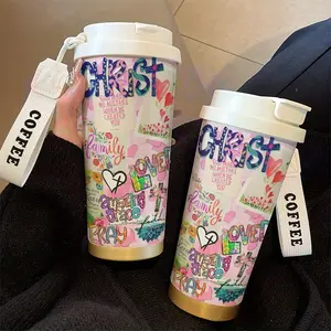 Religious Prayer Slogan Coffee Cup Set, 530ML Insulated Travel Mug with Straw and Lid, Leak-Proof Handle, Flasks, Drinkware, Perfect Gift for Valentine's Day