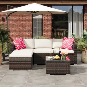 5-Piece All Weather Wicker Patio Furniture Set, Brown Modular Sectional Sofa with Light Grey Cushions, Ottoman & Glass Coffee Table, Outdoor Conversation Seating for Backyard Garden Porch Poolside