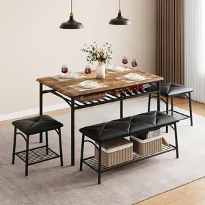 Kitchen Table Set with Bench and Stools, Dining Table Set for 4 with Upholstered Bench, Metal and Wood Dining Room Table Set with Storage Shelves for Small Space, Apartment-Rustic Brown