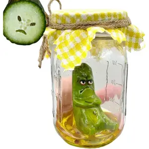 Grumpy Pickle in A Jar Sculpture,Miniature Glass Screaming Pickle in a Jar Sculpture,Handmade Cute Emotional Support Pickle in a Jar, Cute Pickle in a Jar Sculpture Gift (Angry)
