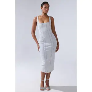 AFTER HOURS RHINESTONE MIDI DRESS IN LIGHT BLUE DENIM