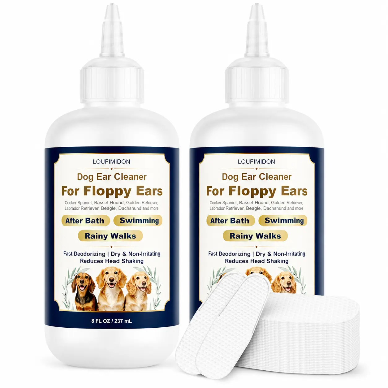 Dog Ear Cleaner Solution with Finger Wipes (2 x 8 oz Bottles) - Unscented Grooming Wipes for Floppy-Eared Dogs, Fast Deodorizing Post-Bath Care