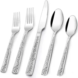 Hammered Silverware Set, 40-Piece Stainless Steel Square Flatware Set for 8, Tableware Cutlery Set, Utensil Set for Home Restaurant, Includes Fork Knife Spoon, Modern Design, Dishwasher Safe