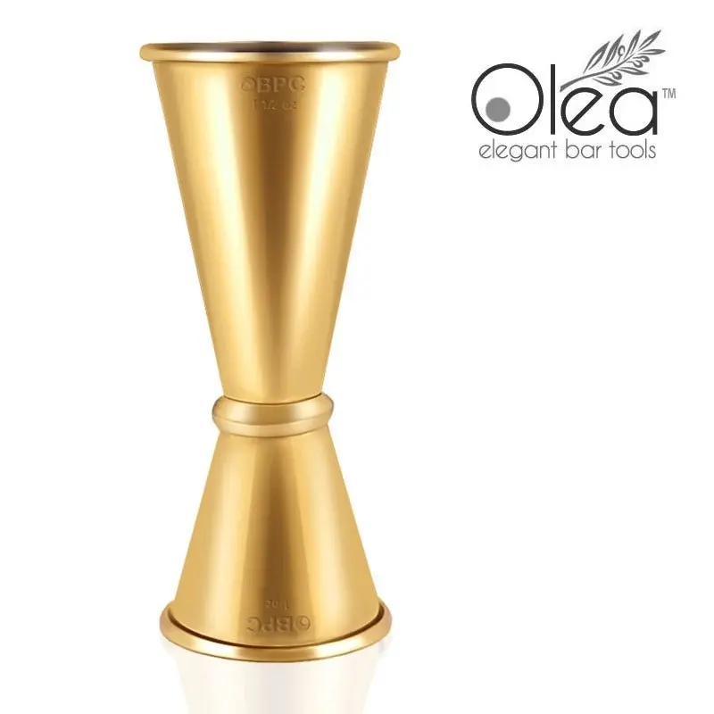 Olea™ Japanese Tall Jigger - Reflective Gold-Plated Stainless Steel, 1.5oz x 1oz Precise Measurement, High Quality Construction, Craft Bartenders' Bar Tool for Signature Cocktails - Not Dishwasher Safe, Precise Meas.