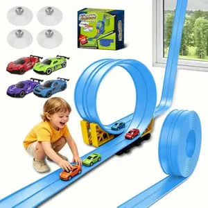 Flex Race Track 16 Ft with Suction Cups Compatible with Diecast 1/64th Cars, Flexible Car Track Toys for Ages 3+ Kids Toddlers Roll Out Portable Racetrack (Light Blue)