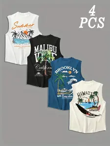 American Vintage Summer Island Sleeveless Vest Tank Top Set, Coconut Tree Wave Print, City Name Prints, Sporty Style, All Seasons, Graphic