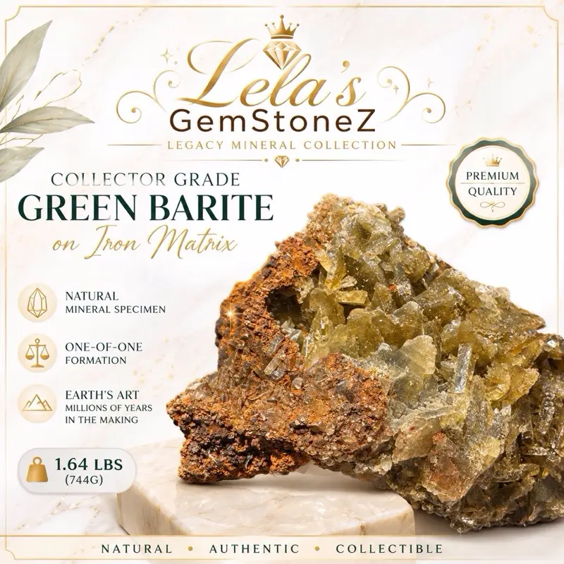 Lela’s GemStoneZ Legacy Mineral Collection Collector Grade Green Barite on Iron Matrix Natural Crystal Decoration - 1.64 lbs 1-of-1 Large Sphere Shape Statement Item, Office Desktop Ornament, House Decor home crystals for high end
