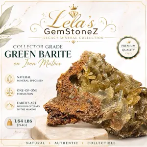 Lela’s GemStoneZ Legacy Mineral Collection Collector Grade Green Barite on Iron Matrix Natural Crystal Decoration - 1.64 lbs 1-of-1 Large Sphere Shape Statement Item, Office Desktop Ornament, House Decor home crystals for
