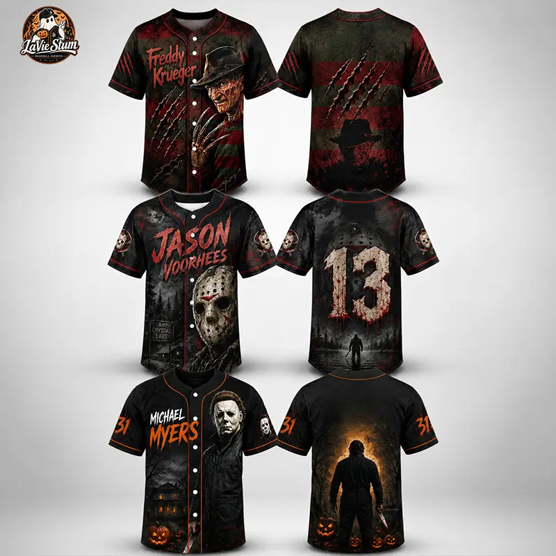 Classic Horror Slasher Baseball Jersey, Retro Masked Killer Button Down Top, Spooky Season Graphic Streetwear, Fall Halloween Party Outfit (3 Styles)