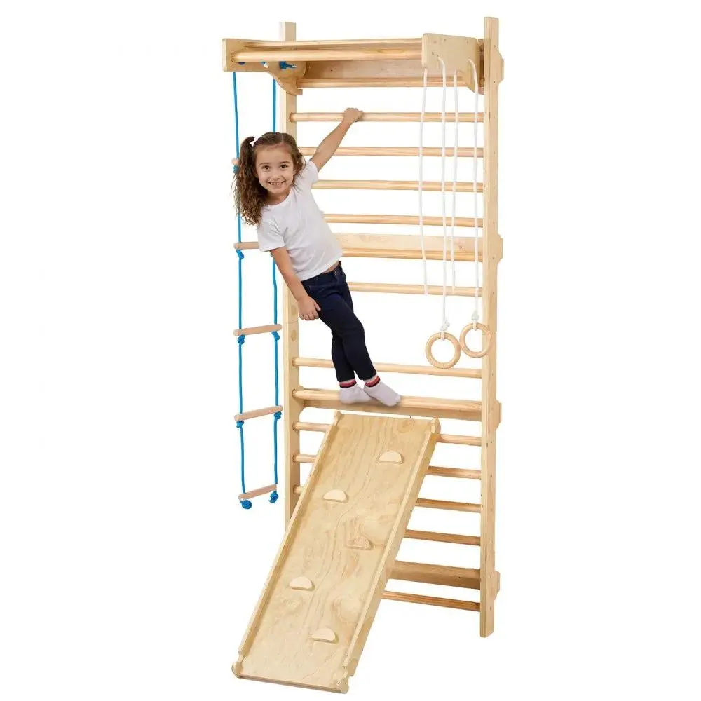 【Backtoschool】VEVOR Swedish Ladder Wall Gym,  5 in 1 Wooden Indoor Playground Climbing Toys, 220 lbs Load Capacity Swedish Wall Ladder with Pull-Up Bar, Gymnastic Rings, Wall Ladder, Rope Ladder, and Slide Board