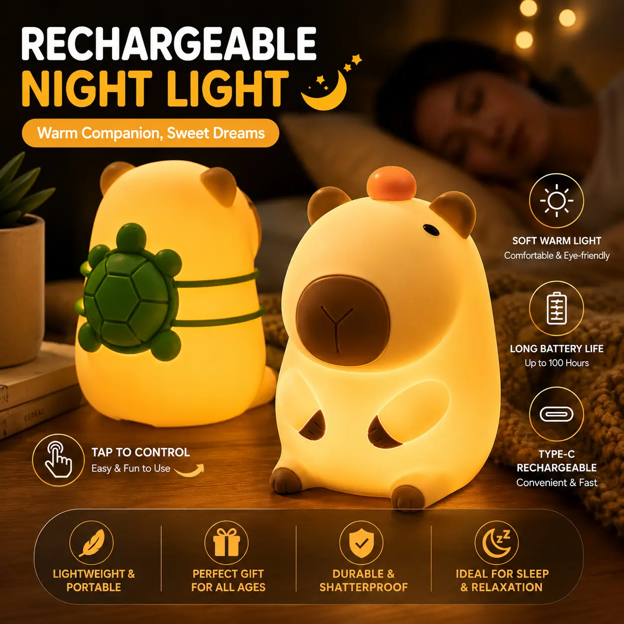 Cute Capybara Night Light, Novelty Animal Silicone Nursery Night Light Rechargeable Table Bedside Lamp with Touch Sensor for Bedroom Living Room Squishy Capybara Stuff Boys Girls Gifts, Stress-Relief Squishy Animal Gift