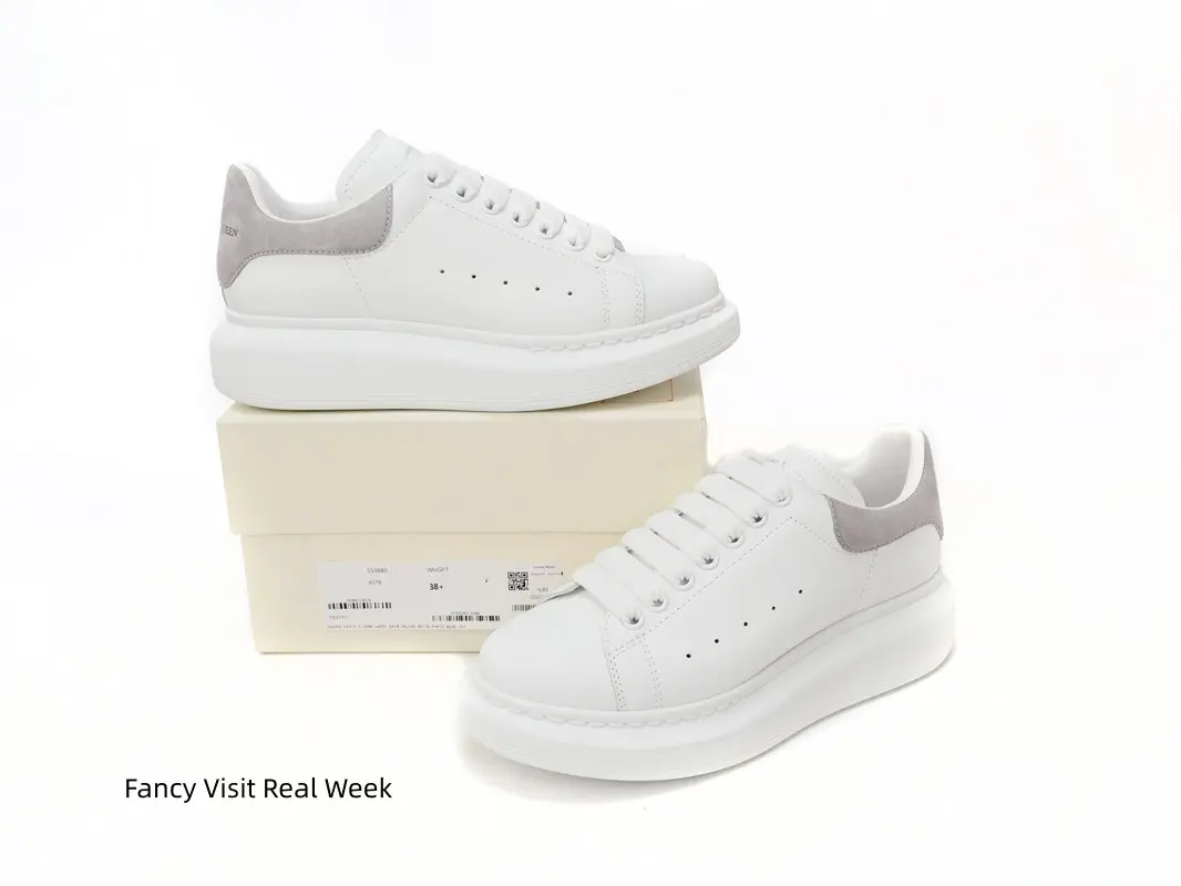 Minimal All White Leather Chunky Platform Casual Sneakers With Light Gray Suede Heel, Lace Up Thick Sole Daily Walking Street Shoes For Teens
