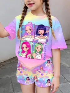 K-Pop Girl Gradient Starry Sky Set, Anime Idol Style Short Sleeve Shorts Suit, Slim-Fitting Party, All over Print, No Button