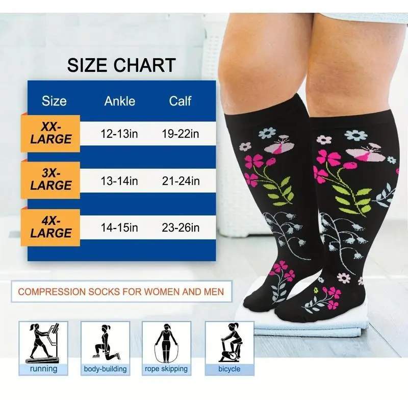 Multiple plus size compression socks for men and women, 15-20mmHg wide calf support, promoting blood circulation, floral pattern, soft nylon and spandex knit fabric, hand wash only, compression long socks for pregnant womenGift Multiple plus size compression socks for men and women, 15-20mmHg wide calf support, promoting blood circulation, floral pattern, soft nylon and spandex knit fabric, hand wash only, compression long socks for pregnant womenGift