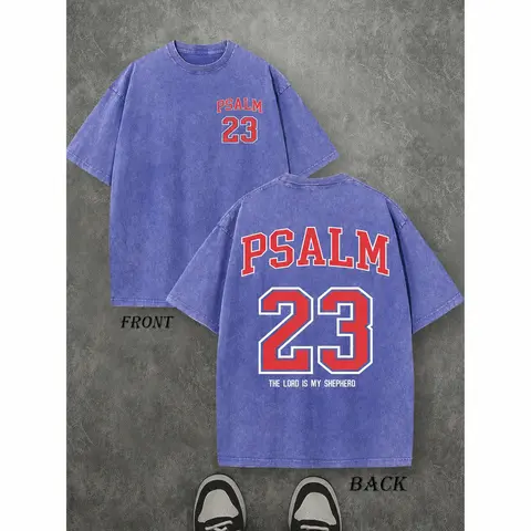 Men's Pure Cotton Vintage Washed Oversized Christian Faith Round Neck T-Shirt - Streetwear Top, Psalm 23 Bible Verse, The Lord Is My Shepherd Varsity Graphic, Casual All Seasons Daily Wear