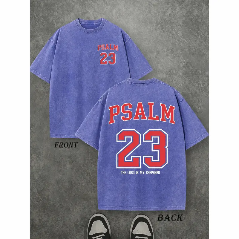 Men's Pure Cotton Vintage Washed Oversized Christian Faith Round Neck T-Shirt - Streetwear Top, Psalm 23 Bible Verse, The Lord Is My Shepherd Varsity Graphic, Casual All Seasons Daily Wear