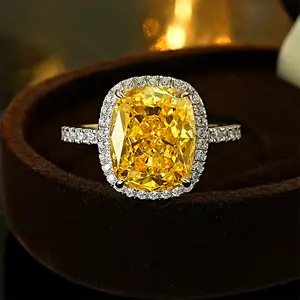 5-carat intense yellow diamond open ring for women, radiant cut, ice-finish, chunky rectangular full diamond, colorful diamond, luxury style for the wealthy lady
