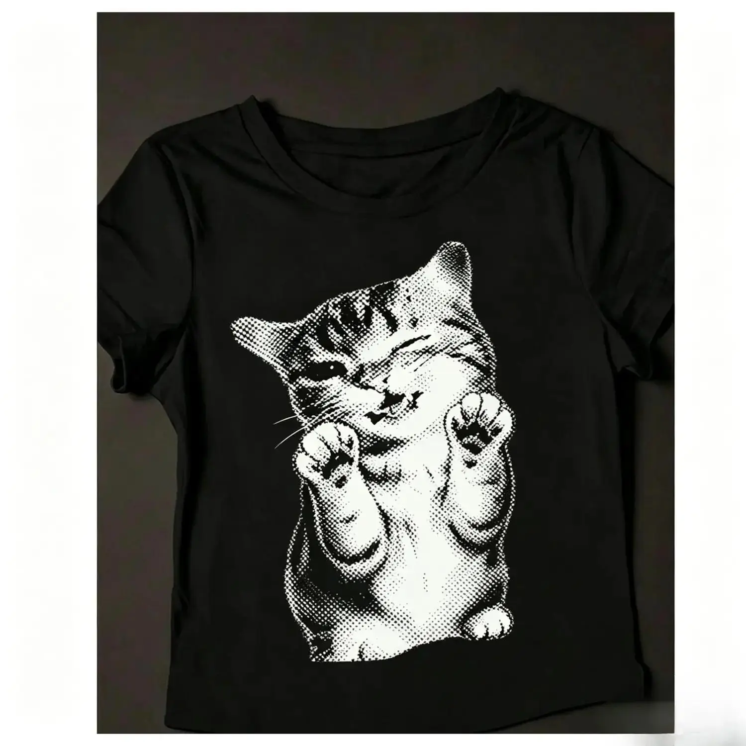 T-shirt bercorak kucing hitam putih yang comel dan bergaya, leher bulat, lengan pendek, kasual, boleh dibasuh mesin, uniseks, sesuai untuk semua musim, potongan longgar.