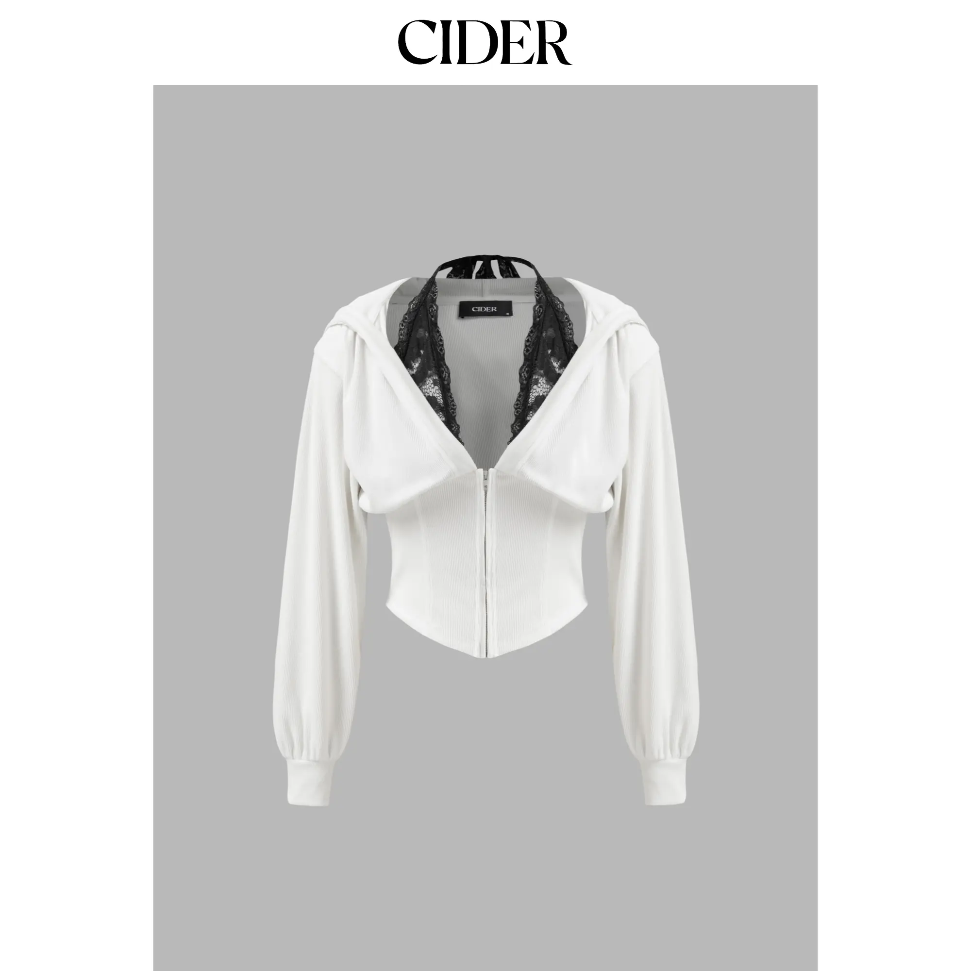 Cider Rib Lace Halter Contrasting Binding Hoodie