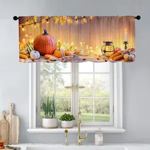 1 Pc Autumn Pumpkin Lantern Maple Leaf Harvest Season Floral Wood Grain Background Printed Kitchen Curtains Curtains Living Room Bedroom Bathroom Window Curtain Home Decor 54 x 18 Inch