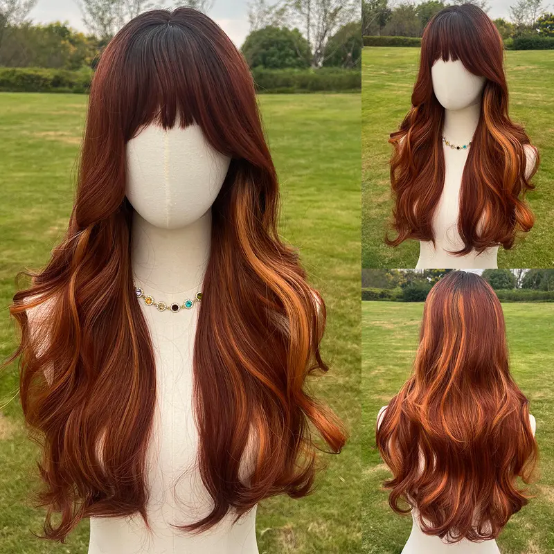 SMILCO/22Inch  Ginger Synthetic Curly Wig/Highlight With Bangs/SM388
