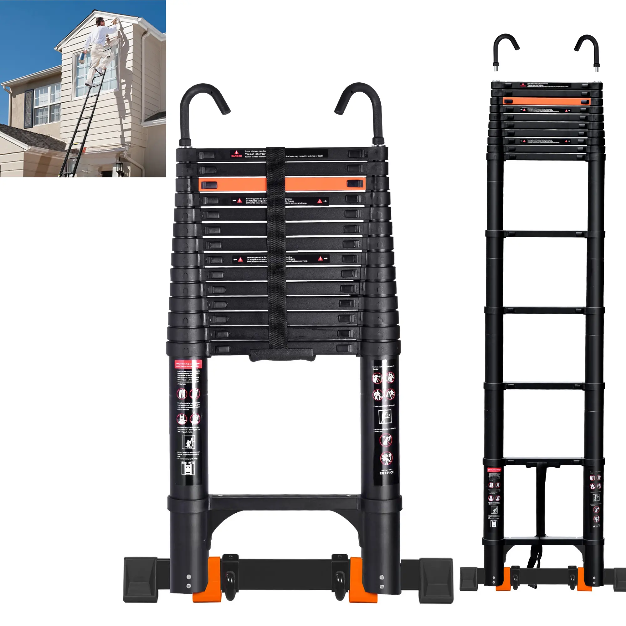 20.3FT Telescoping Ladder with 2 Detachable Hooks DIY Aluminum ...