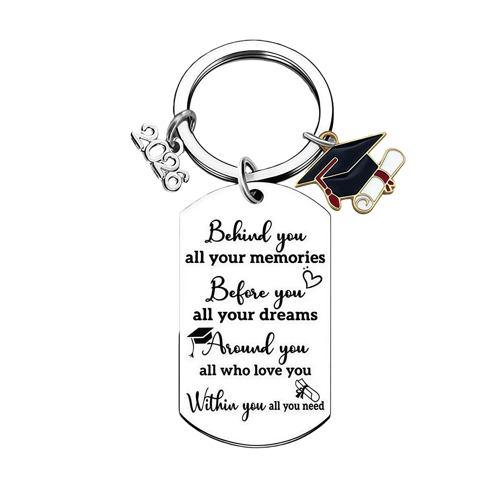 Personalized Stainless Steel Graduation Keychain - Customizable, Engraved Message, Letter Engraving, Nameplate Engraving Keychain with 2026 Grad Cap Charm, Unisex Grad Gifts for High School Graduates, Customizable Keychains