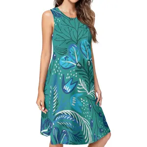 Boho Scandinavian Botanical Floral Print Sleeveless Midi Dress Summer Swing Dress with Crew Neck & Side Pockets for Casual Womenswear blue quinceanera girl green womens size 14 Desert Tan Tactical Hiking Boots wendy yellow long dress Seashell Shirt Set