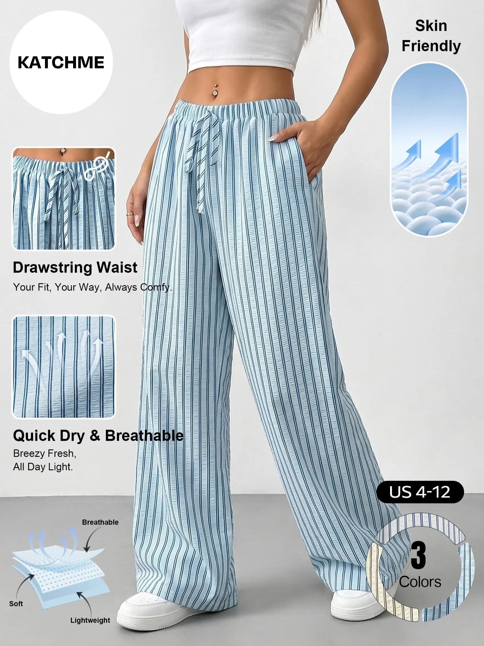 Katch Me Chic Women's Athleisure High Waist Stripe Lightweight Wide Leg Trousers, Drawstring Waist Side Pocket Matching Striped Quick-Drying Bottom for Daily Wear