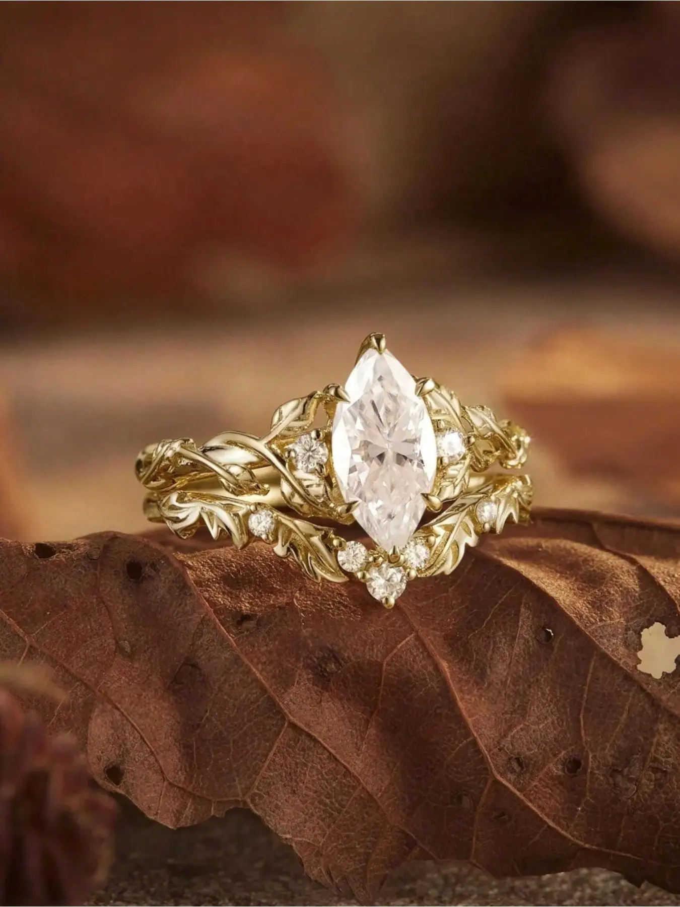 Vintage Cubic Zirconia Marquise Cut Floral Elegant Engagement Ring Set Leaf Engraved Golden Wedding Ring Set Marquise Wedding Bands Party Anniversary Jewelry Gifts Bridal Jewelry Elegant Fashion Rings Cubic Zirconia Rings Beautiful Rings