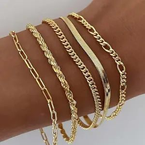 [New Deal] Gold Bracelets for Women Waterproof, 14K Real Gold Jewelry Sets Trendy Thin Dainty Stackable Cuban Link Paperclip Chain Bracelet Pack Fashion Accessories Gifts for Womens