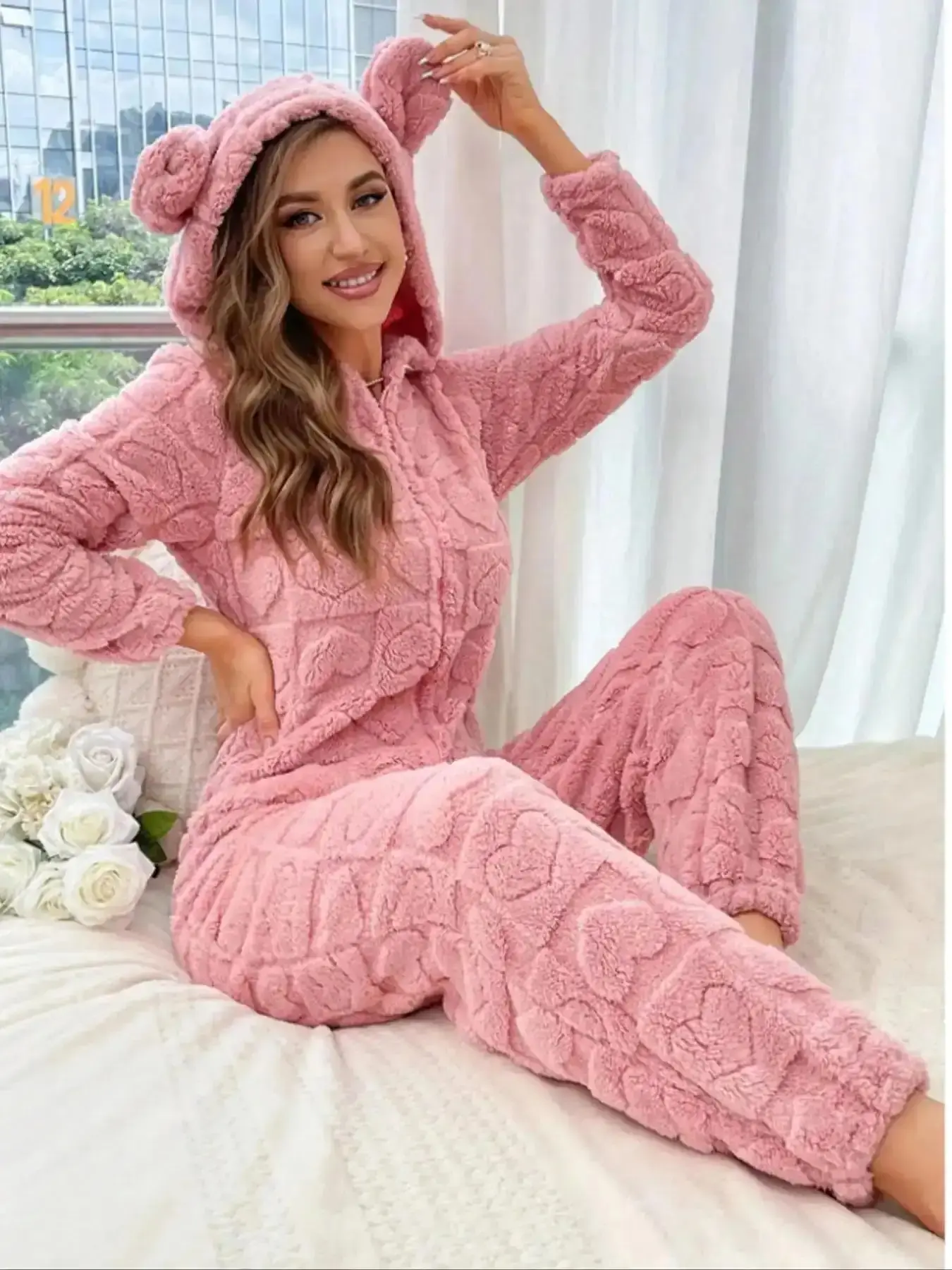 Plush Soft Women's Fleece Onesie Pajamas Set, Long Sleeve Hooded Jumpsuit with Ears Design, Autumn Winter Warm Fitted Basic Sleepwear & Loungewear for Ladies, Womenswear, Home Straight Leg Jacket Street Style sun kissed
