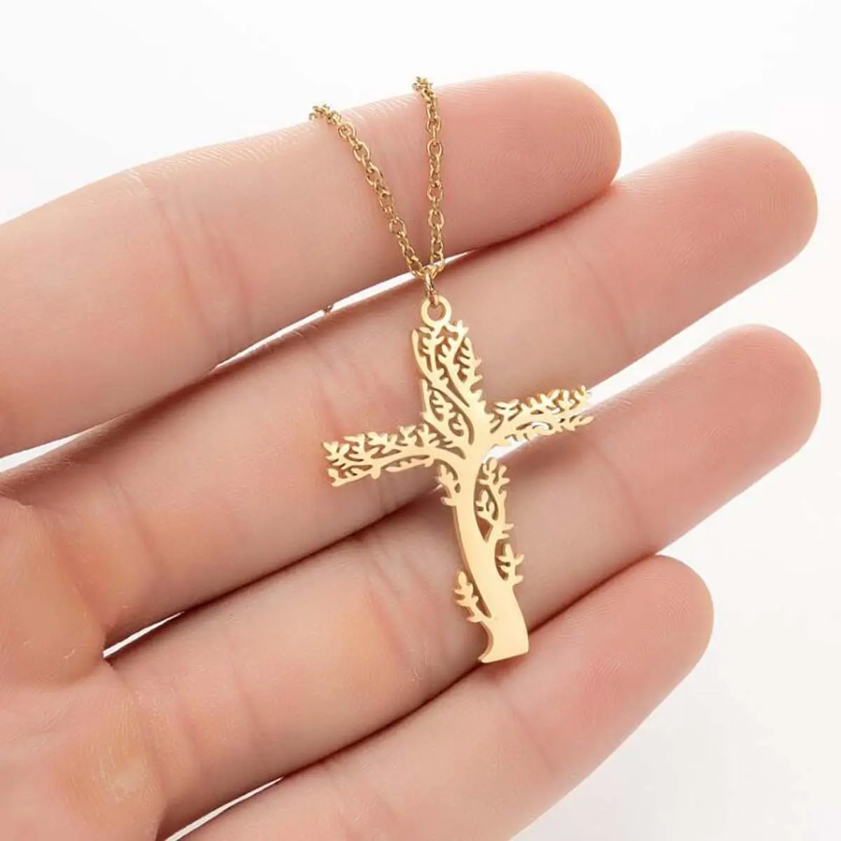 Unisex Tree of Life Pendant Necklace - Crucifix Cross Charm Clavicle Chain, Polished Finish, Creative Design, Fashionable Advanced Artificial Gemstone Jewelry for Daily Wear, Crucifix Necklaces, Cross Charm Necklaces