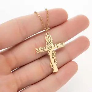 Unisex Tree of Life Pendant Necklace, Clavicle Length Cross Chain, Creative Personality Design, Polished Finish Metal Coating Fashionable Advanced Artificial Gemstone Jewelry Accessory for Daily Wear