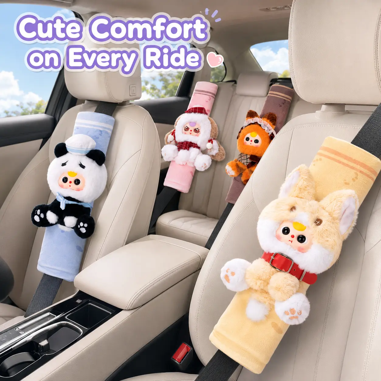 Brand New Baby Plush Blind Box with 3 Car Seat Belt Shoulder Accessories, Animal Cuties, Fluffy Look, Soft Plush, 22.1 cm Height, 9.7 cm Width