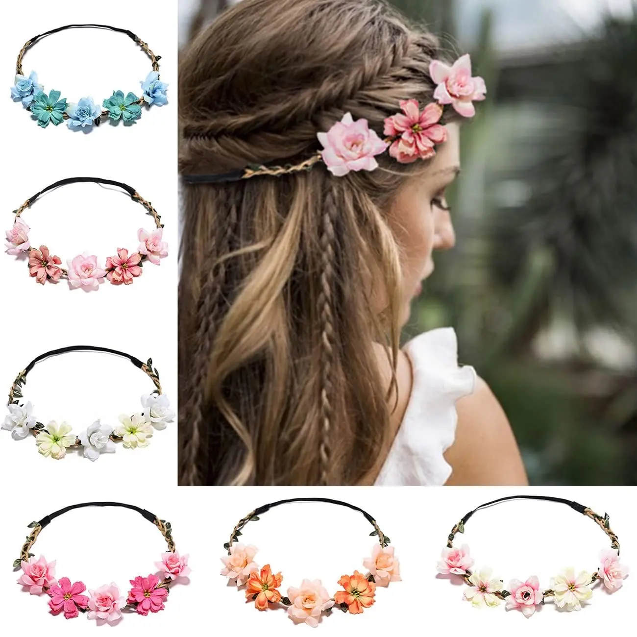 6-Pack Boho Fashion Headbands with Elastic Bands - Colorful Floral Hair Accessories, Rose Garland Tiaras for Brides, Wedding Party & Engagement, 1 Size Fit