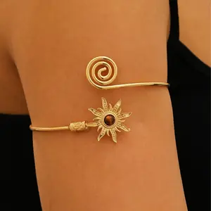 Simple Alloy Arm Cuff Sun Turquoise Cuff Bangle for Women Wrist Accessory Twist Line Wide Open Arm Cuff Women