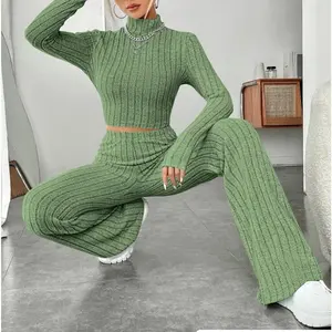Long Sleeve Turtleneck Trousers Suit with Wide Leg High Waist
