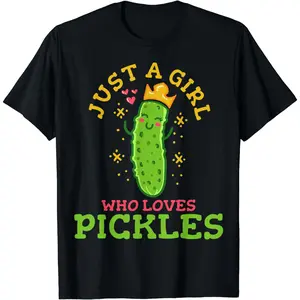 [100% Cotton] Just A Girl Who Loves Pickles Cute Crowned Pickle T-Shirt With Stars And Hearts.