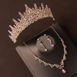 Crown tiara, necklace, earrings, champagne vintage pink diamond birthday crown hair accessory, bridal wedding dress three-piece set