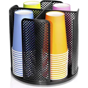 Rotating Paper Cup Dispenser, Cup Holder with 4 Compartments, Disposable Coffee Cup Dispenser Removable, Plastic Cup Storage & Lid Holder for Countertops, Kitchen, Coffee Stations (Black)