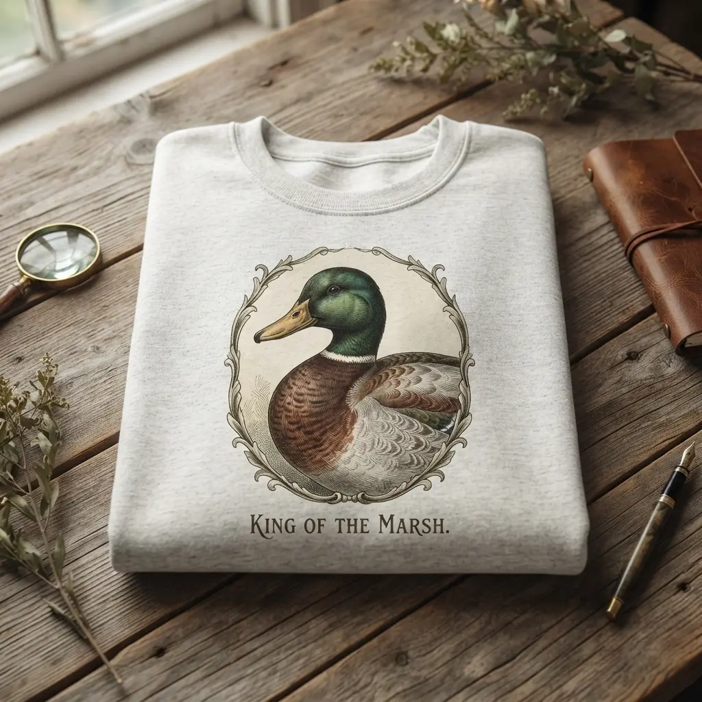 Women's Cotton Vintage Pullover Sweatshirt - Mallard Drake Close-up Graphic, Detailed Feather Artwork, "King of the Marsh" Hunting-Themed Womenswear Top