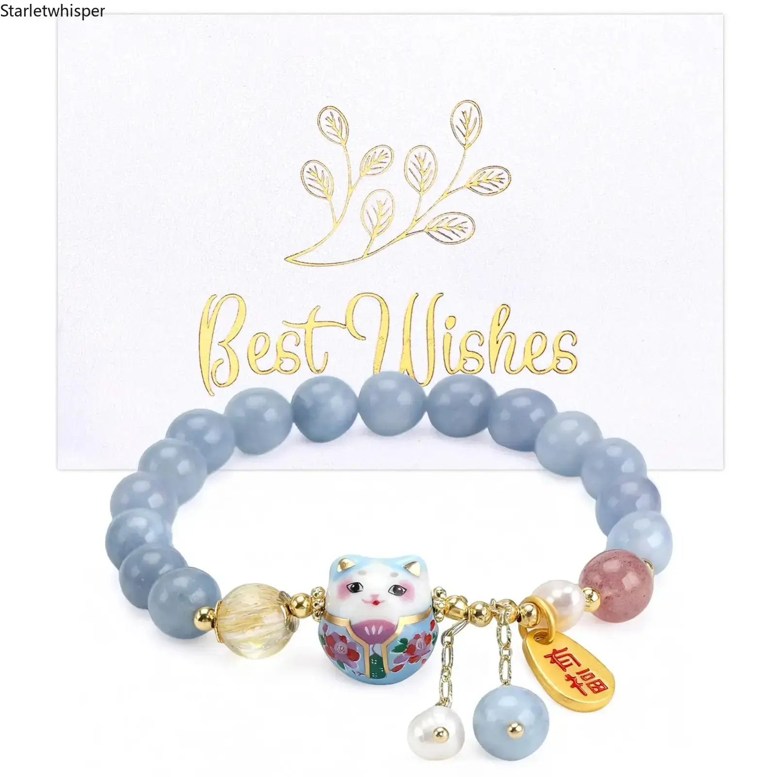 Women's Lucky Cat Bracelet with Blue Crystal & Ceramic Cat Pendant, Feng Shui Inspired Jewelry for Good Luck, Wealth & Protection, Perfect for Daily Wear & Gifting