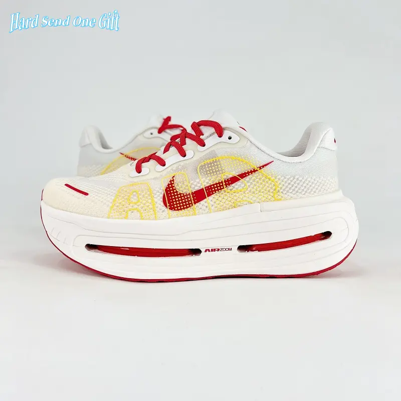 Daily platform trainer sneakers adopt seamless soft breathable knit mesh uppers, creamy off-white knit base with red-gold decorative prints, perforated mesh for steady ventilation, flexible full air cushion midsole