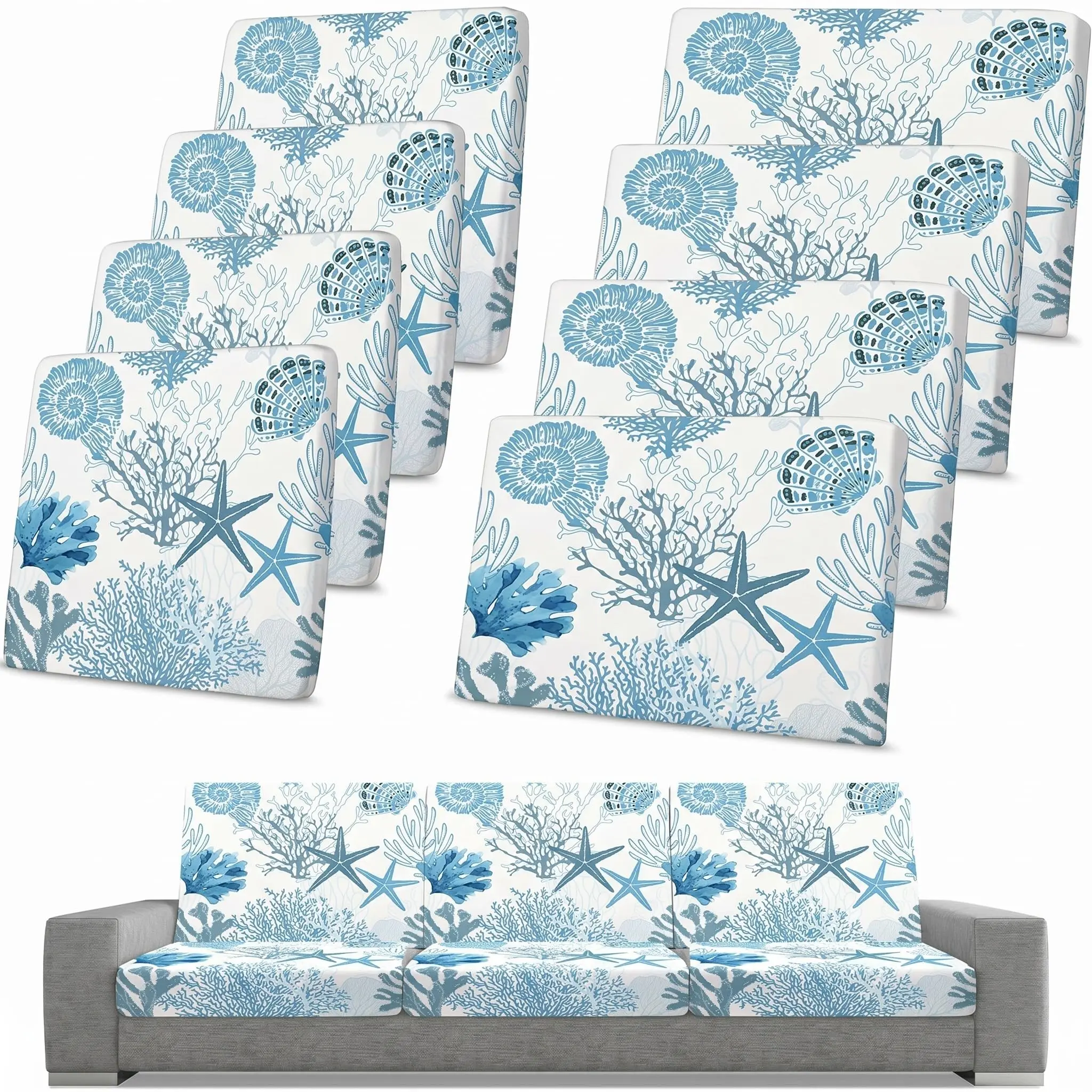 8 Pcs Patio Cushion Covers for Sectional Sofa, 4 Backrest + 4 Seat Stretch Outdoor Cushion Slipcovers, Water-Resistant Washable Elastic Covers for Backyard Patio Furniture, Poolside Hosting & Summer Refresh