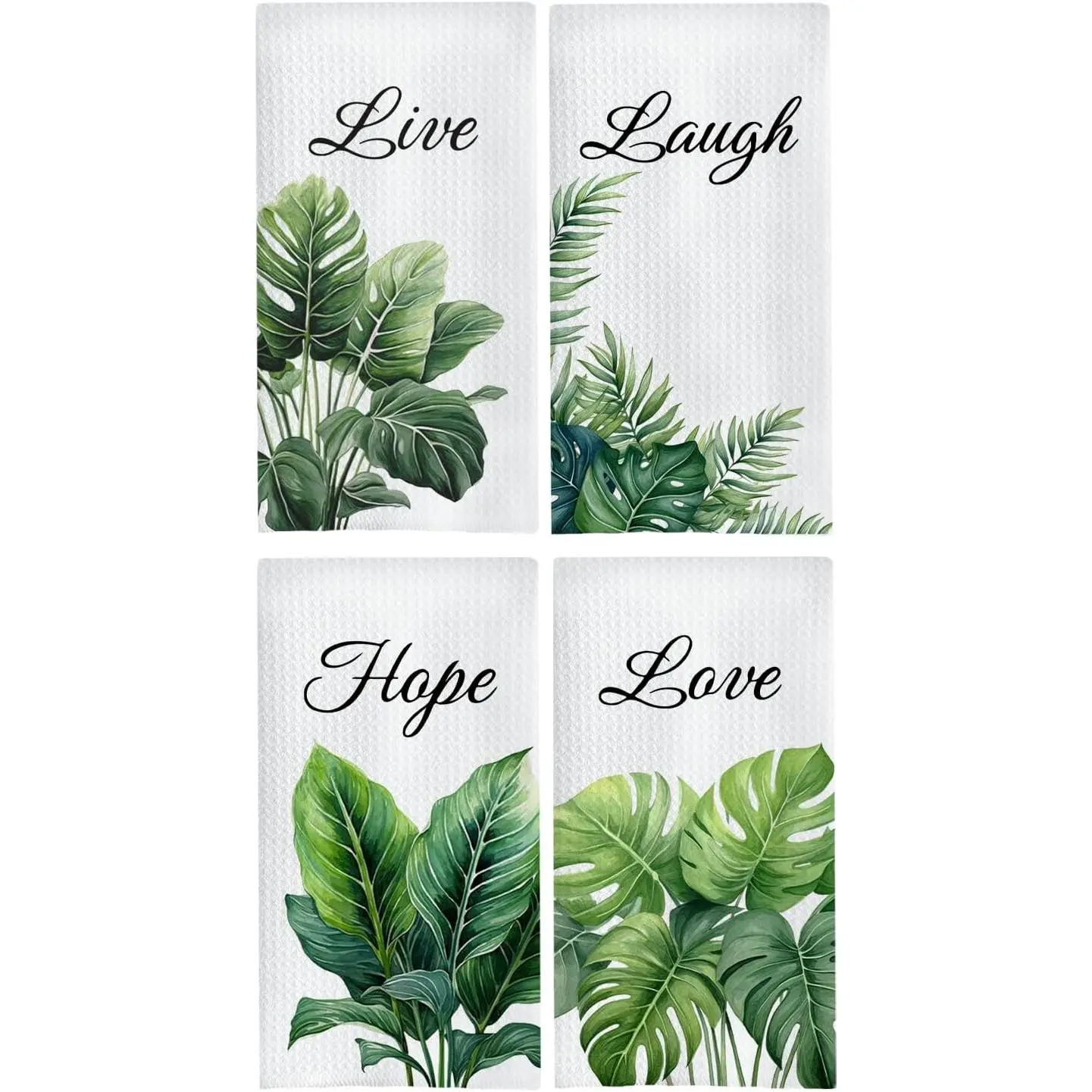 Tropical Botanical Bathroom Hand Towels, Green Plant Live Laugh Love Hope Decorative Hand Towels for Bathroom Washroom Gym Spa Yoga Room Decor, 16x24 Inches Set of 4