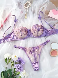 Women's French Lavender Floral Embroidery Lingerie Set, 2 Pieces Comfortable Lady Outfit with Elegance & Vibe for Romantic Couple Dates