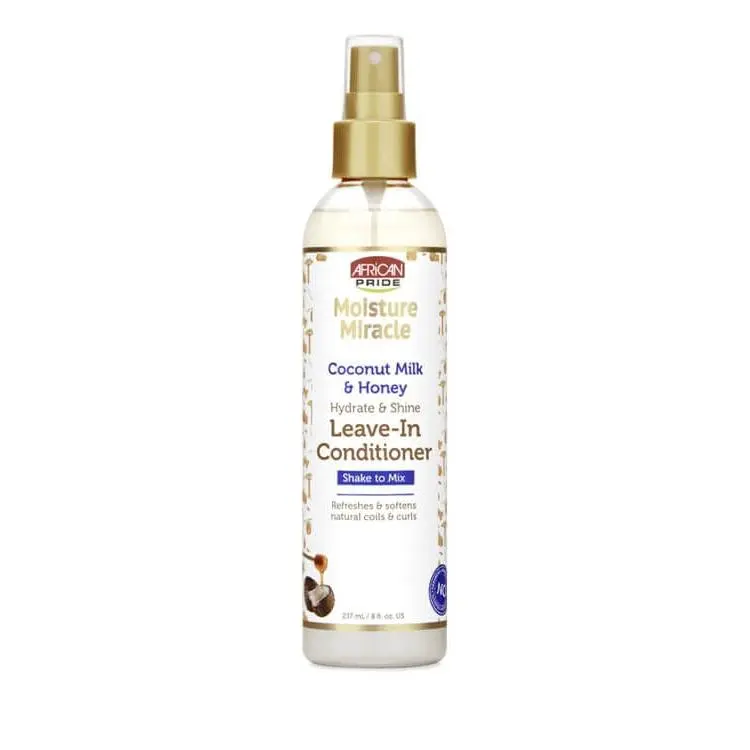 African Pride Moisture Miracle Coconut Milk & Honey Unisex Leave-In Conditioner (8 oz) - 0% Ammonia, Alcohol-Free, Aloe & Amino Acids Blend, Moisturizing Non-Greasy Nourishing Hair Treatment, Lightweight Hydrator for Curly Hair, Increased Manageability, A