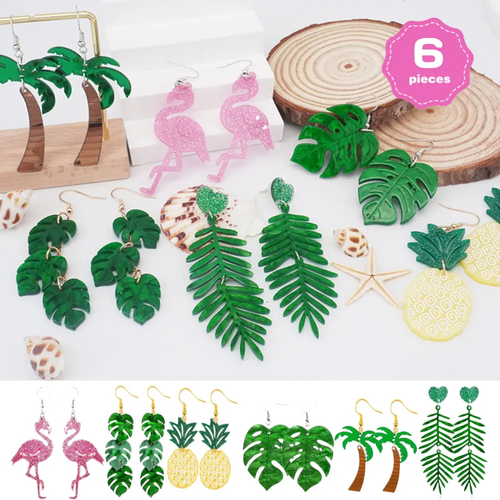 6 Pairs Tropical Earrings for Women Coconut Palm Leaf Dangle Earrings Green Plant Pineapple Flamingo Hawaiian Earrings jewelry summerwins